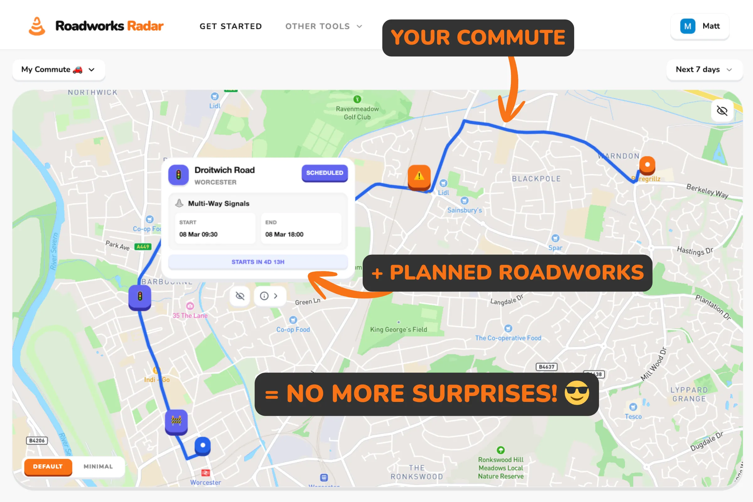 Roadworks Radar Dashboard showing route alerts and map