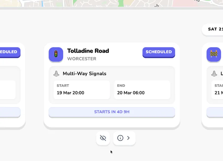 Roadworks Radar dashboard showing route roadworks