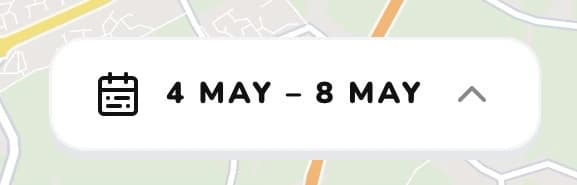A date range selected, displayed in the date button at the bottom of the mobile map view