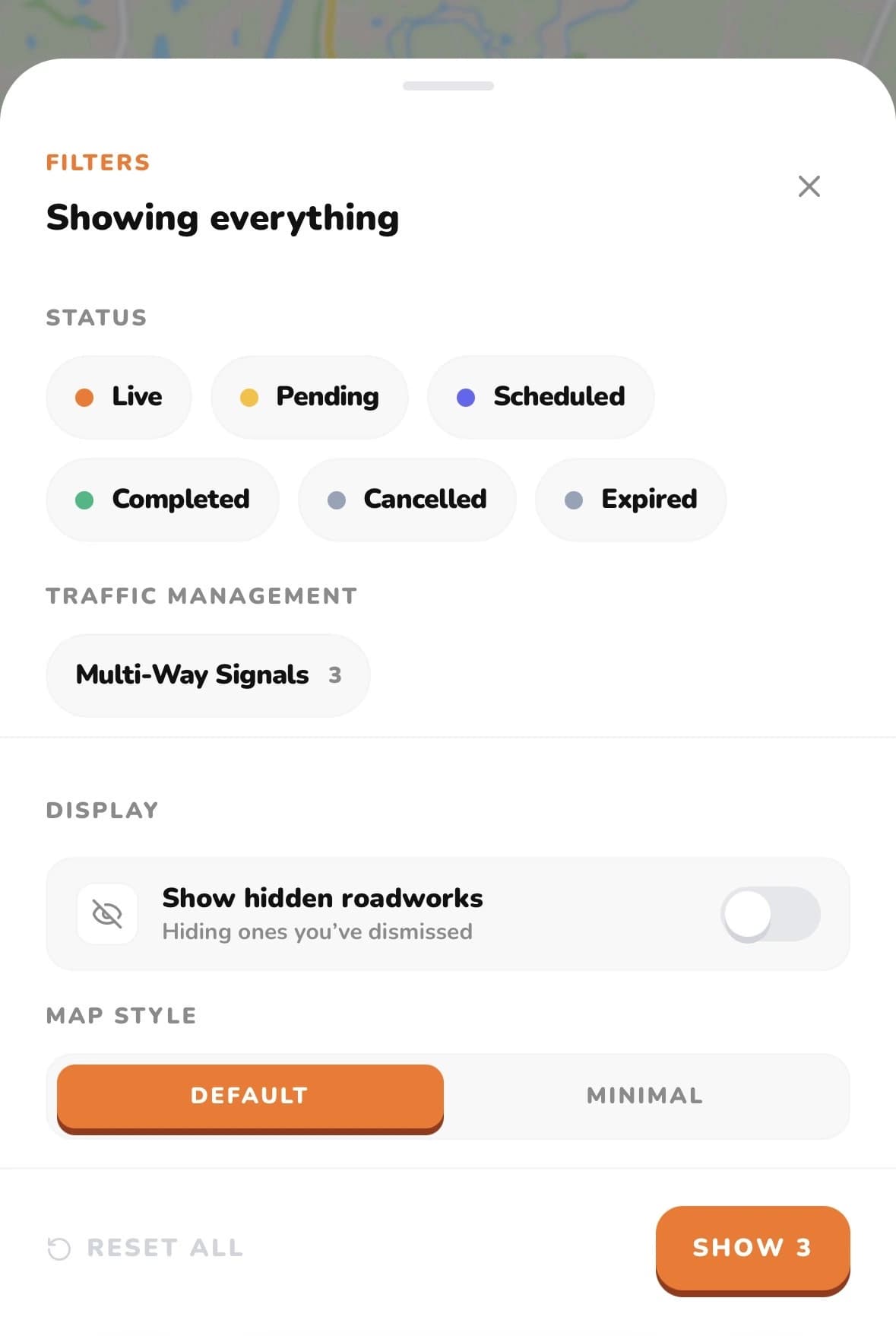 The new filters panel on mobile, showing Status, Traffic management and Utility groups