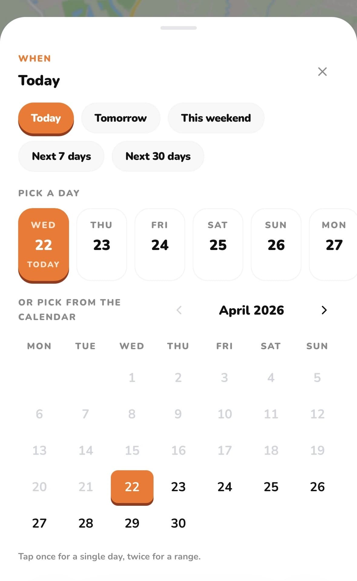 The redesigned date picker on mobile — presets, a scrollable day strip, and a calendar